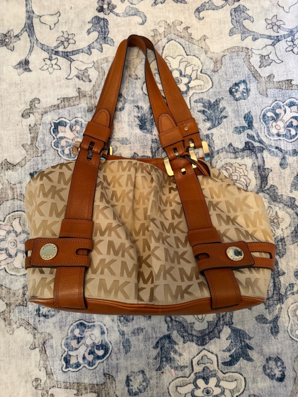 Michael Kors Beige and Brown Logo Canvas Shoulder Tote